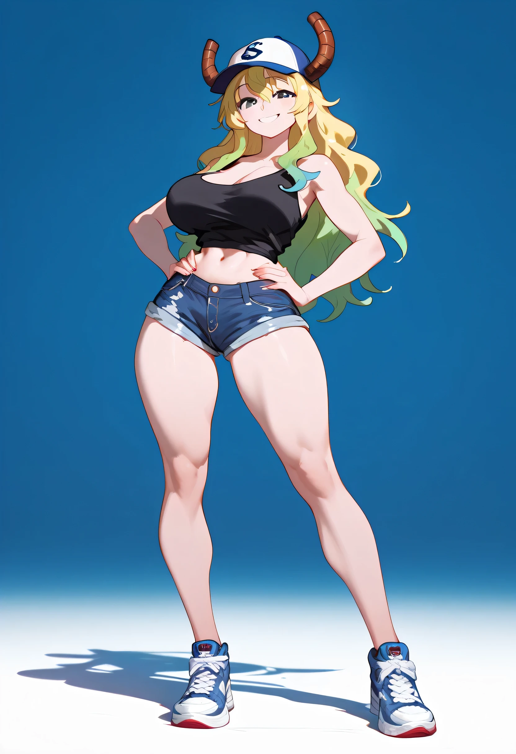 masterpiece, 4k, details, extreme details, high resolution , 1girl, lucoa (Maid Dragon) , smile , baseball cap , dragon horns, black tank top, denim shorts, hands on hips , thigh , long legs , sneakers