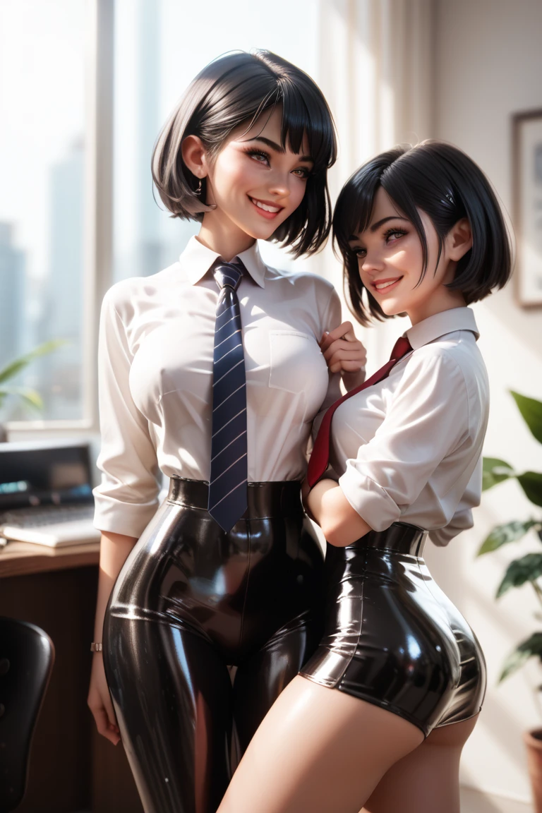  2 girls in extremely tight shiny latex blazers in the office, Necktie, short hair,  black hair, smile, Lens reflection, Reflected light, Are there  