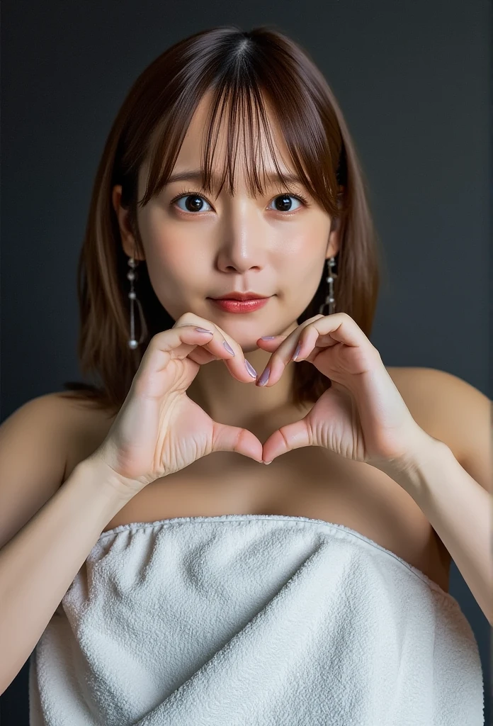 (8k, 32K, Raw Image,  Photographically,   ultra high resolution:1.2),    making a heart shape with both hands , Photographically rendering, ( upper body portrait:1.2),    1 Japanese girl   , 24 years old, beautiful, (Long Hair),   double eyelids ,   High Definition Gloss Blue Eyes  ,    Detailed Face on the Dining Table  ,   perfect medium rounded bust , beautiful hands, (Pale skin:1.2), beautiful肌, ( dark  bedroom :1.3), pillow,   bed,   sharp concentration,   Sexy Face,  expressive eyes , smile, (  Hand Painted Bust  ),   Staring at the Camera  ,    Detailed Face on the Dining Table  , (  Focus on the Chest  :1.2),  messy hair ,   Naked Wrapped in a Large Bath Towel , (  Thick White Cotton Bath Towel  :1.2),  ,   Detailed Fabric Description  , (Low Saturation Tone  ,   dark theme  ,   in the dark  :1.3), Epic35mm  ,

