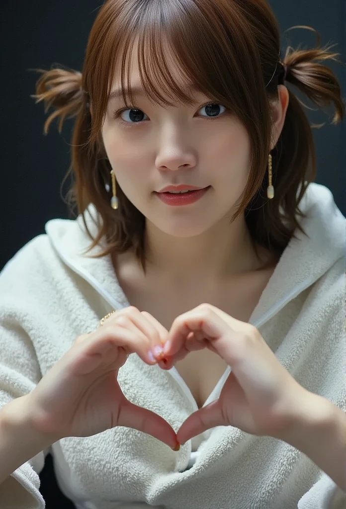 (8k, 32K, Raw Image,  Photographically,   ultra high resolution:1.2),    making a heart shape with both hands , Photographically rendering, ( upper body portrait:1.2),    1 Japanese girl   , 24 years old, beautiful, (Long Hair),   double eyelids ,   High Definition Gloss Blue Eyes  ,    Detailed Face on the Dining Table  ,   perfect medium rounded bust , beautiful hands, (Pale skin:1.2), beautiful肌, ( dark  bedroom :1.3), pillow,   bed,   sharp concentration,   Sexy Face,  expressive eyes , smile, (  Hand Painted Bust  ),   Staring at the Camera  ,    Detailed Face on the Dining Table  , (  Focus on the Chest  :1.2),  messy hair ,   Naked Wrapped in a Large Bath Towel , (  Thick White Cotton Bath Towel  :1.2),  ,   Detailed Fabric Description  , (Low Saturation Tone  ,   dark theme  ,   in the dark  :1.3), Epic35mm  ,

