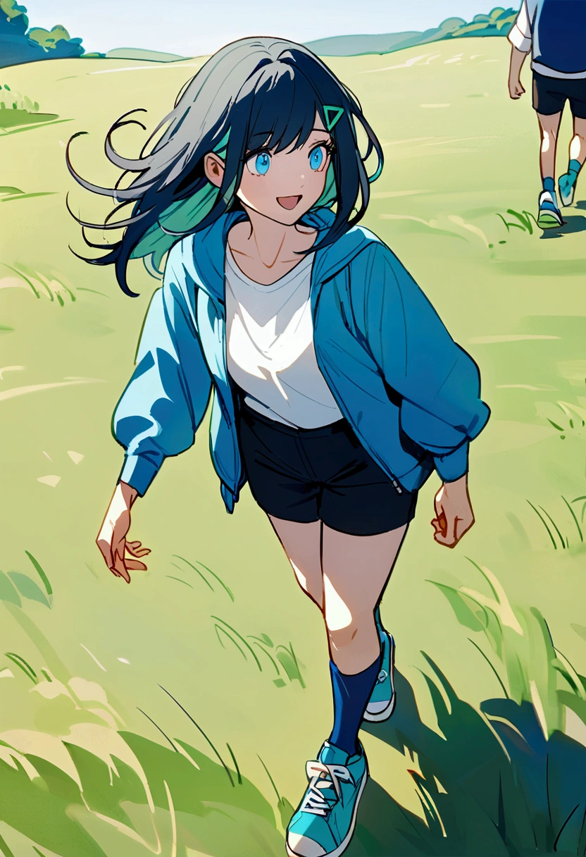 Ph-liko, black long hair, light blue eyes, blue Jacket, white shirt, black shorts, blue sprip white socks, aqua sneakers, Grey soles, triangle green hair clip, walking on the grass all happy, wave hand. 