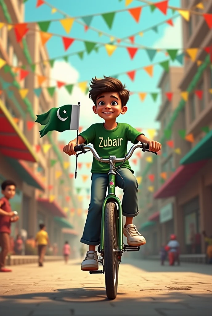 Create a photo of cute and handsome boy who set on a bike having Pakistan's flag and there also more people and on wall there written Pakistan independence Day
