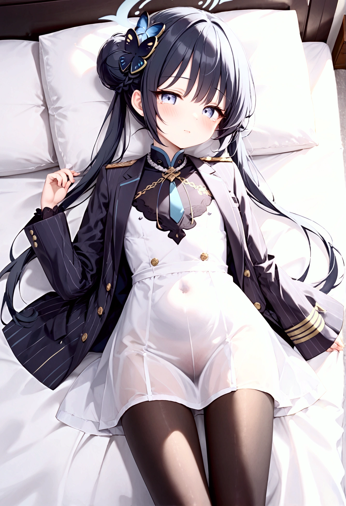 High image quality 、masterpiece、  High Quality   、Full HD、4K 、 depicting only one girl 、 seen from above 、 looking at the camera、Sleeping、Kisaki(blue archive)、 long black hair  、Bun Hair、Blue hair ornament、  blue eyes、 slim、 flat chested、Grey Halo (Kisaki)、Teary-eyed、 Shy 、blush、 red cheeks 、 black Chinese dress style uniform、Gold embroidery、Long, slender legs、light black pantyhose 、 no one、 big bed、 Love Hotel