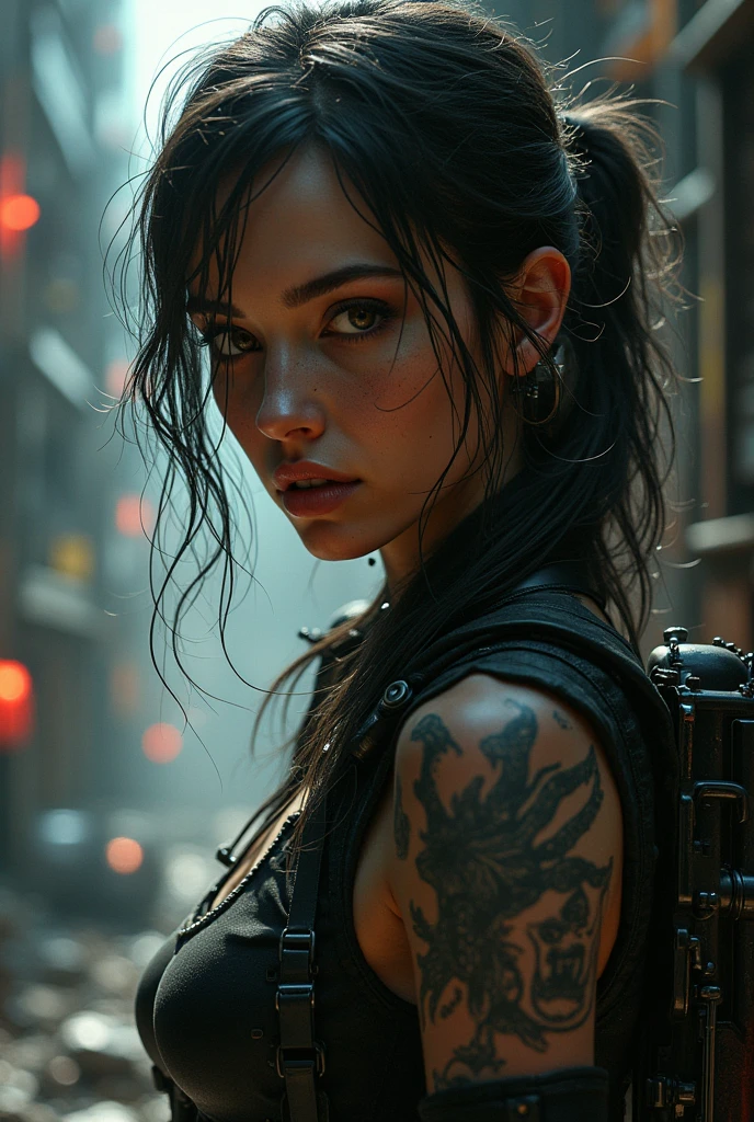 ((best quality)), ((masterpiece)), (detailed), mesmerizing and alluring female mechanic covered in grease,Confident smile,Look into the camera,(Dirty and rugged charm:1.2), (tough and confident demeanor:1.1), (mechanical expertise:1.3), disheveled hair, smudged face with a playful smirk, stained overalls clinging to her curves, (gritty tools of the trade:1.2), cluttered repair shop, scattered car parts, (authentic automotive ambiance:1.2), (intense gaze:1.1), gripping a wrench in her dirty hands, 8k resolution,looking at another, looking away,( tattoo:1.2), masterpiece, best quality,Photorealistic, ultra-high resolution, photographic light