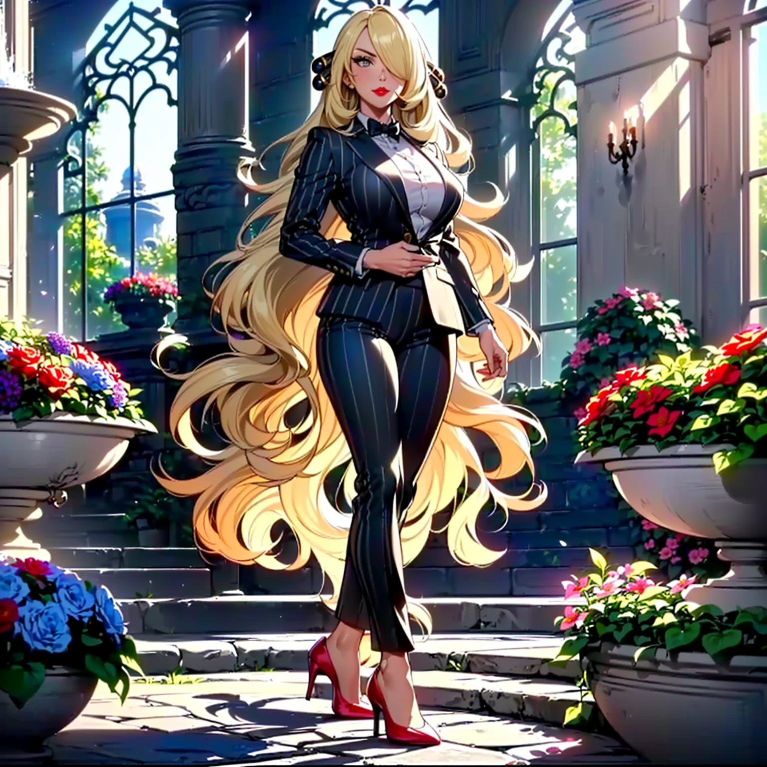 ((1girl , Alone, 1woman, ((cynthia, blonde hair, long hair, hair over one eye, hair ornament, very long hair, large breasts, wavy hair, grey eyes)), lipstick, extremely detailed, Soft ambient lighting, 4K, perfects the eyes, a perfect face, perfect lighting, a girl)), ((standing Alone, (1woman, solo, lipstick), extremely detailed, Soft ambient lighting, 4K, perfects the eyes, a perfect face, perfect lighting, a girl)), , ((fitness,, shapely body, athletic body, toned body)), ((striped blazer, striped pants, tuxedo, high heels, garden, in front of a mansion, flowers, fountain, palace, dawn, red lipstick, smug))