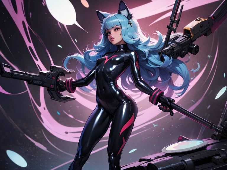 Badass sexy raccoon female with long hair wearing a black and purple leather space bandit outfit with tall high heeled boots and a leather jacket