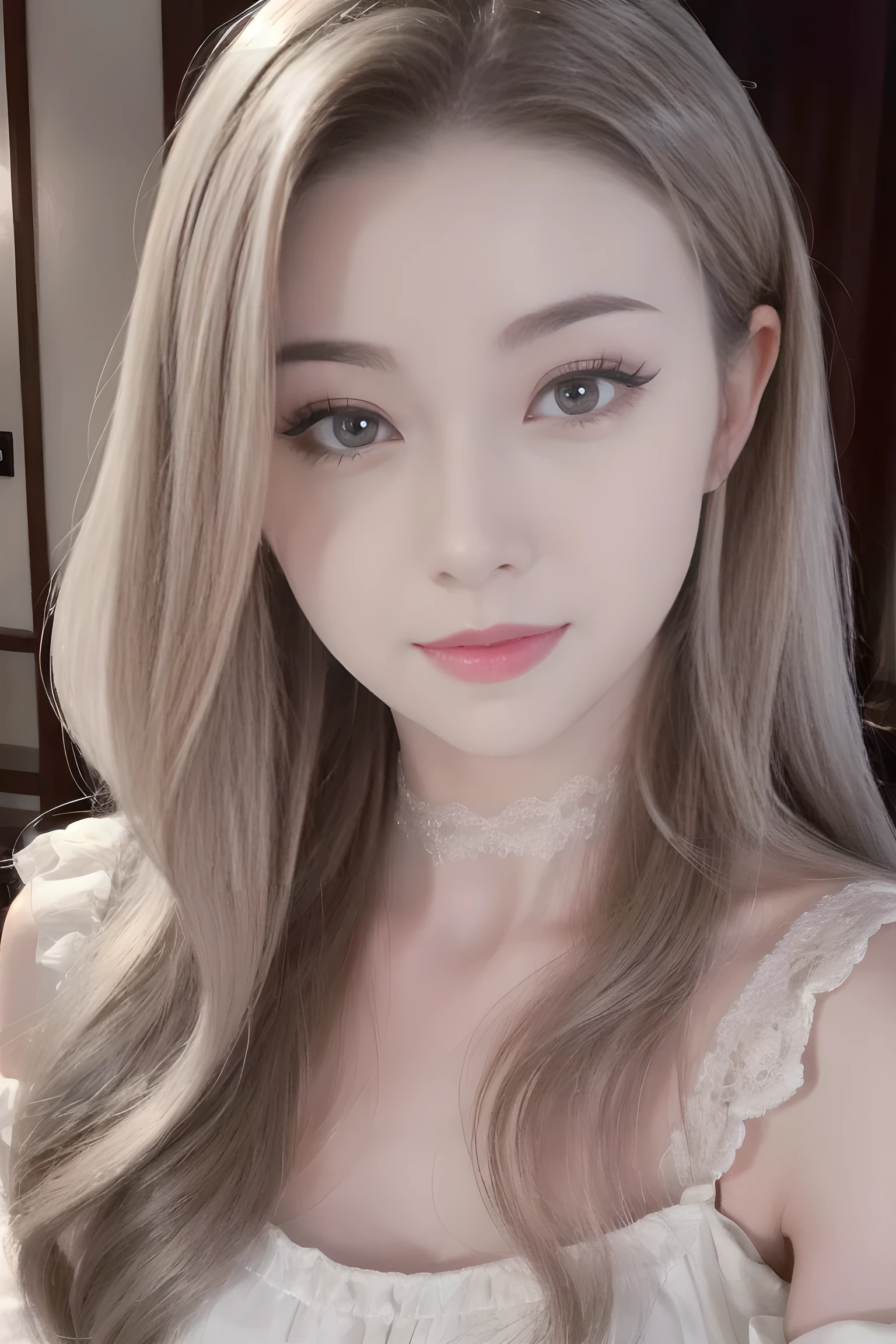 A beautiful silver-haired adult woman with a soft face, curly hair, perfect big brown eyes, detailed face, long eyelashes, wearing modest clothes, elegant silk flower background, cinematic photorealistic lighting, dramatic night scene, (best quality,4k,8k,highres,masterpiece:1.2),ultra-detailed,(realistic,photorealistic,photo-realistic:1.37),cinematic,dramatic,moody,warm light