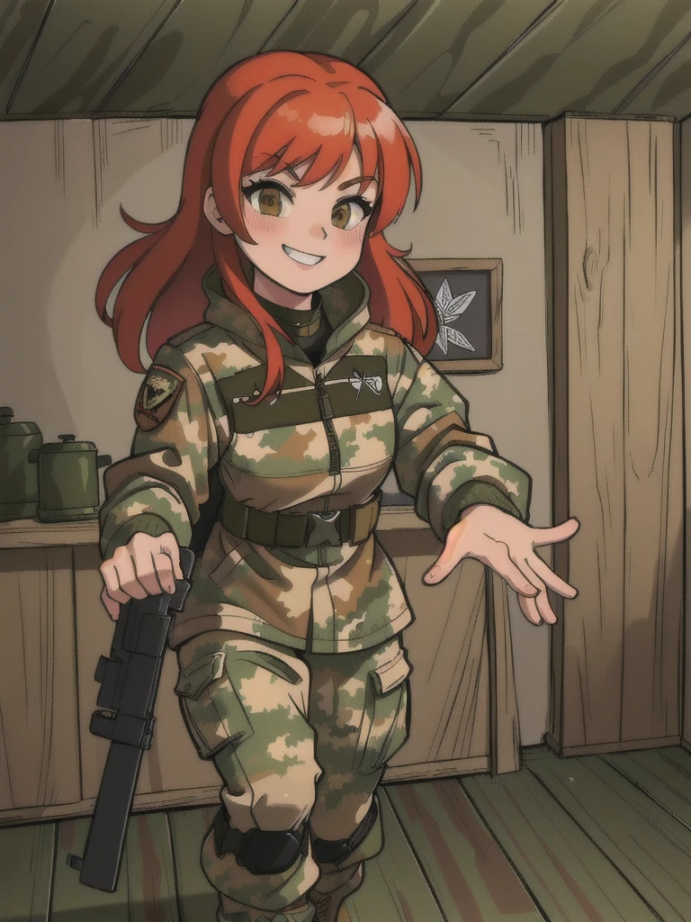 girl with smile and red hair, with a camouflage jacket, tactical glovers, camouflage balaclava, camouflage pants and army boots, forest, in the house He dresses in a camouflage uniform