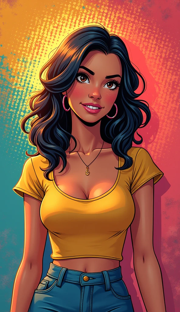 Slim athletic woman, beautiful smiling, yellow dress with straps, brunette skin, brown hair with ponytail, eyes browns, busty, arms back of the body. comic style.