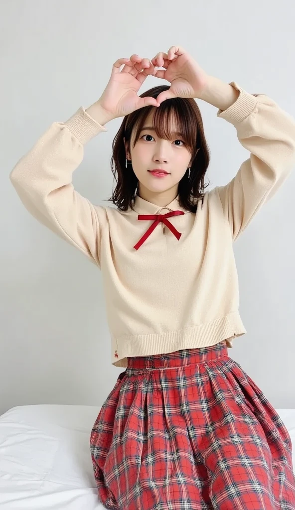  making a heart shape with both hands ,(((8k、 high definition 、 best quality、 high definition )))Alone、Natural body shape、 white skin、  natural makeup、 black hair、bangs、Straight hair 、、((High School Uniform)) 、(( Beige Cardigan 、 White Collared Long Sleeve Blouse))、(( Red Plaid Pleated Skirt))、(Red school ribbon),((The upper body is wearing a uniform))、((((( Staring at the Camera )))))、(((Head to shin portrait)))、((( thighs without bare neck)))、bedroom、 on the bed、 sitting with legs open 、(( focuses on crotch))