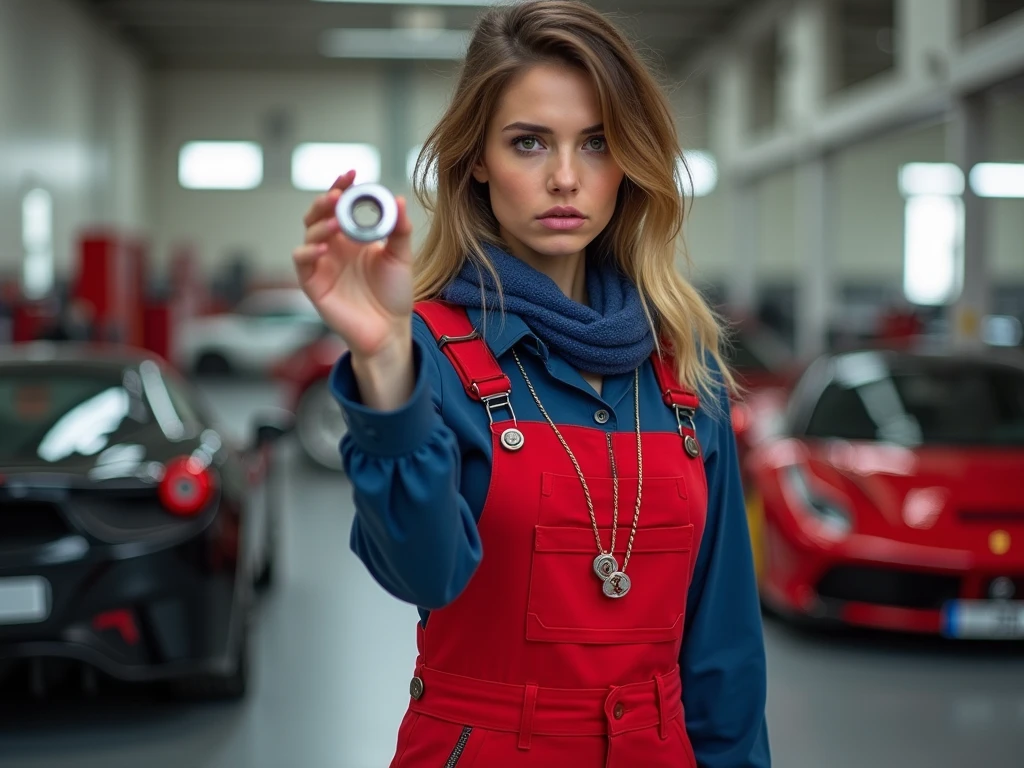 A 24 year old woman with brown almond eyes, brown hair and blonde highlights at the base is wearing luxurious red dungarees with one strap open, a blue blouse, a beautiful subtle gold chain, a blue scarf and black leather boots in a very luxurious and clean workshop for Ferrari cars, while she is holding a wheel nut in her hand which she is angrily showing to the viewer of the picture.