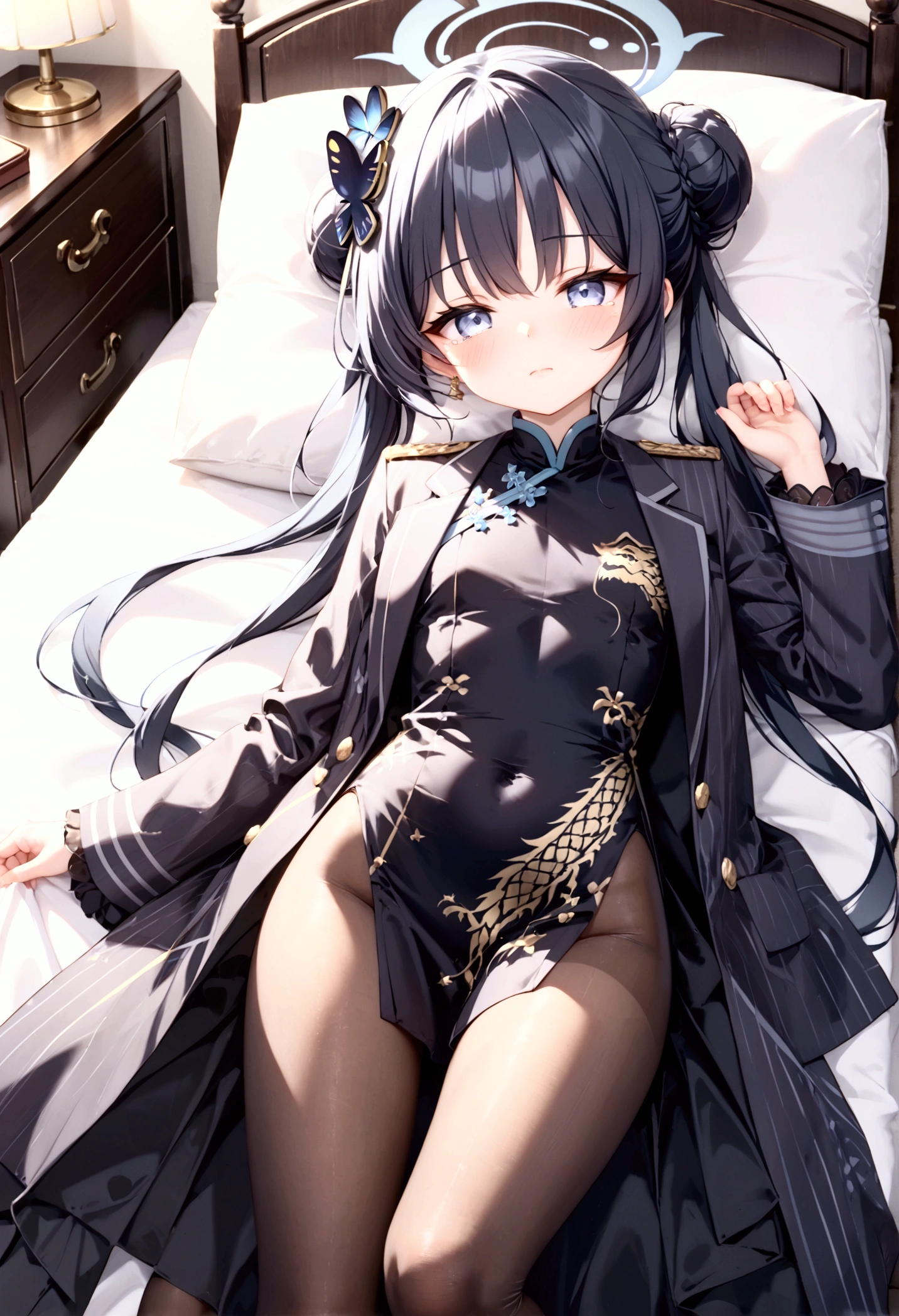 High image quality 、masterpiece、  High Quality   、Full HD、4K 、 depicting only one girl 、 seen from above 、 looking at the camera、Sleeping、Kisaki(blue archive)、 long black hair  、Bun Hair、Blue hair ornament、  blue eyes、 slim、 flat chested、Grey Halo (Kisaki)、Teary-eyed、 Shy 、blush、 red cheeks 、 black Chinese dress style uniform、Gold embroidery、Long, slender legs、light black pantyhose 、 no one、 big bed、 Love Hotel