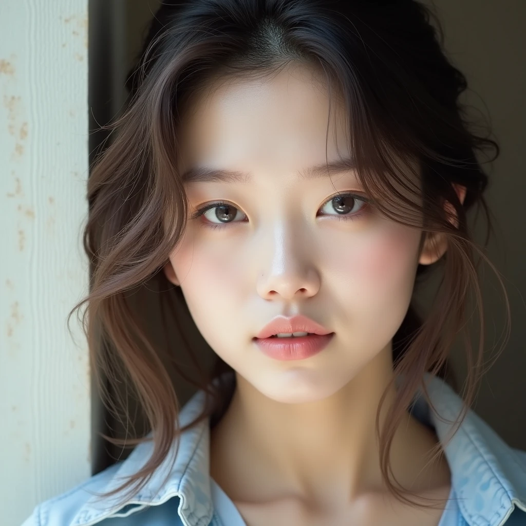 (a close-up of a 21-year-old Korean woman),
(Confident: 0.7), (Elegant attire: 1.0), (Petite stature: 0.8), (Beautiful doe eyes: 1.2), (Soft, small lips: 0.9), (Stylish outfit: 1.1), (Pastel colors: 0.8), (Hint of sexiness: 0.6). (Mischievous smile: 0.5), (Lively campus background: 0.7), (Secret Journal in hand: 0.6), (Determined expression: 0.9). (Vulnerable look: 0.3), (Subtle emotional depth: 0.3), (dlwlrma: 0.5), (Cinematic realism: 1.3), (Nikon D850 camera: 1.0), (Film stock photograph: 0.9), (Saturated colors: 1.1). (Hyper-realistic lighting: 1.2).