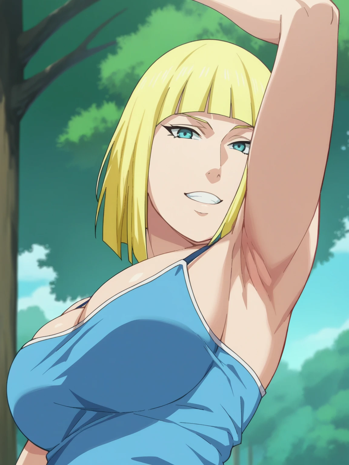 score_9, score_8_up, score_7_up, source_anime, anime screencap, outdoors, day, forest, 1girl, solo, samui, blue eyes, blonde hair, short hair, bangs, blunt bangs, large breasts, camisole, blue camisole, looking at viewer, head towards viewer, arm up, raised arm, armpit, smile, from side, from below,