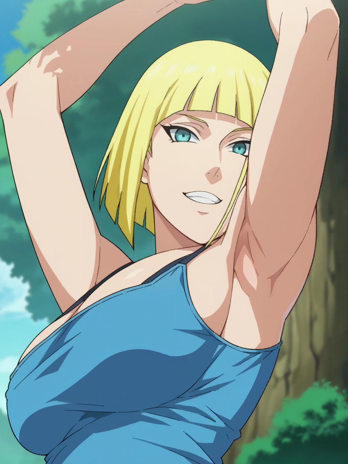 score_9, score_8_up, score_7_up, source_anime, anime screencap, outdoors, day, forest, 1girl, solo, samui, blue eyes, blonde hair, short hair, bangs, blunt bangs, large breasts, camisole, blue camisole, looking at viewer, head towards viewer, arm up, raised arm, armpit, smile, from side, from below,