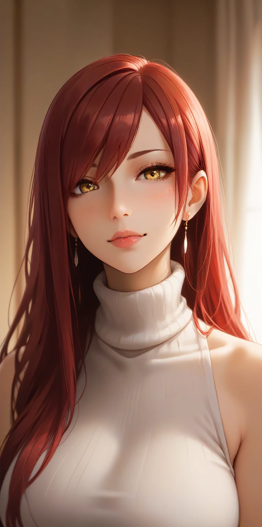 Score_9, Score_8_up, Score_7_up, Source_anime, anime art, anime style, masterpiece, best quality, very aesthetic, 1girl, mature woman, milf, curvaceous, long hair, side bangs, maroon hair,  sleeveless turtleneck, erza, seductive face, perfecteyes, yellow eyes, upper body, home