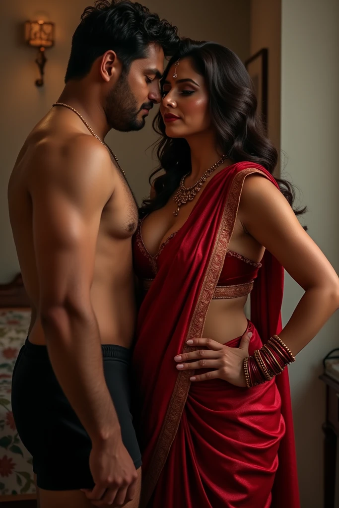 A 18 year old hot Indian girl has hourglass figure wear sexy red glitter shiny saree and kissing a 16 year old boy