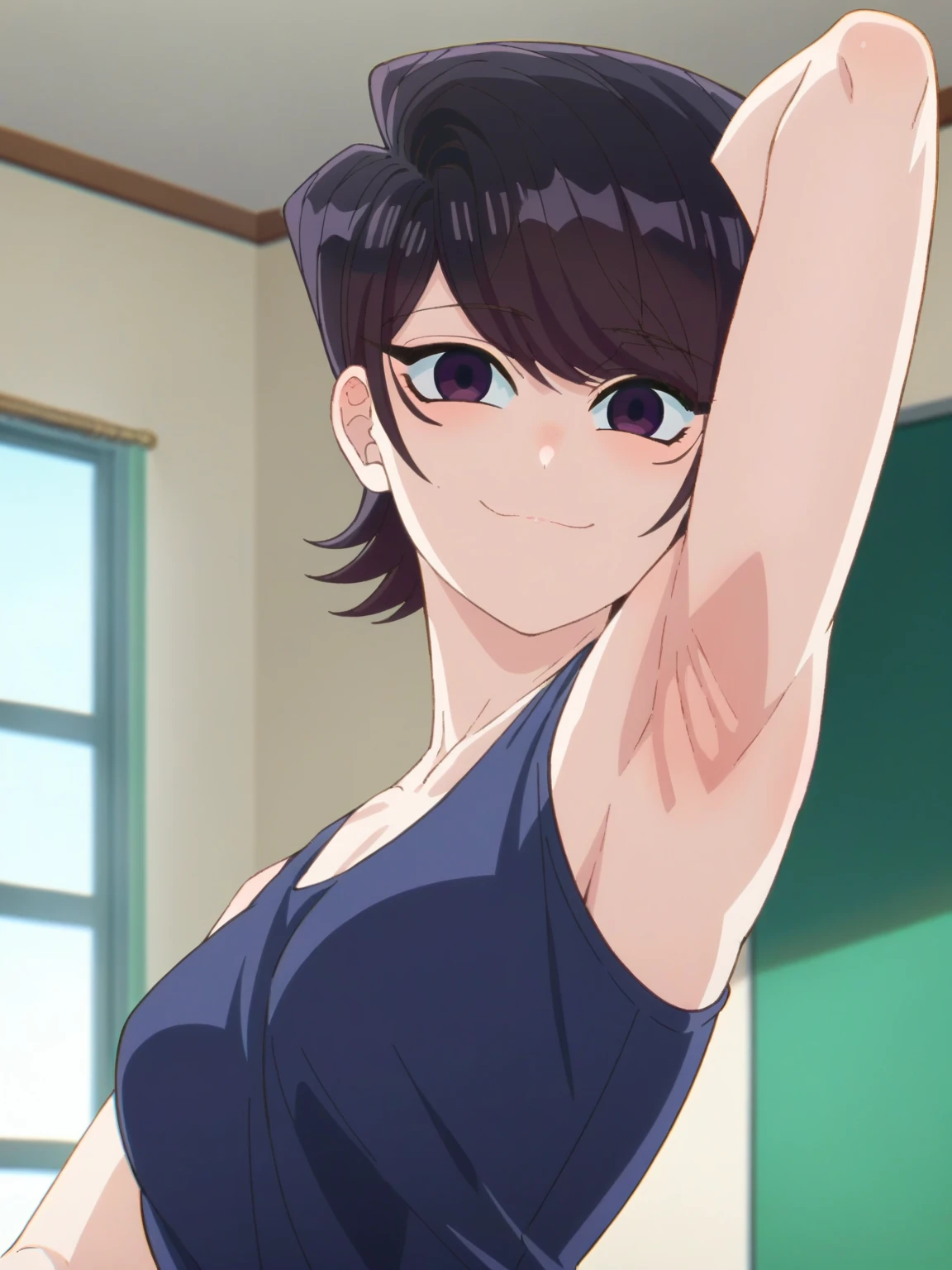 score_9, score_8_up, score_7_up, source_anime, anime screencap, 1girl, solo, indoors, day, Komi Shouko, purple eyes, black hair, short hair, bangs, medium breasts, black tanktop, bare shoulders, bare arms, looking at viewer, eye contact with viewer, head towards viewer, smile, (smug:0.9), closed mouth, arm behind head, armpit, armpit up close, close-up of armpit, from side, from below, detailed armpits