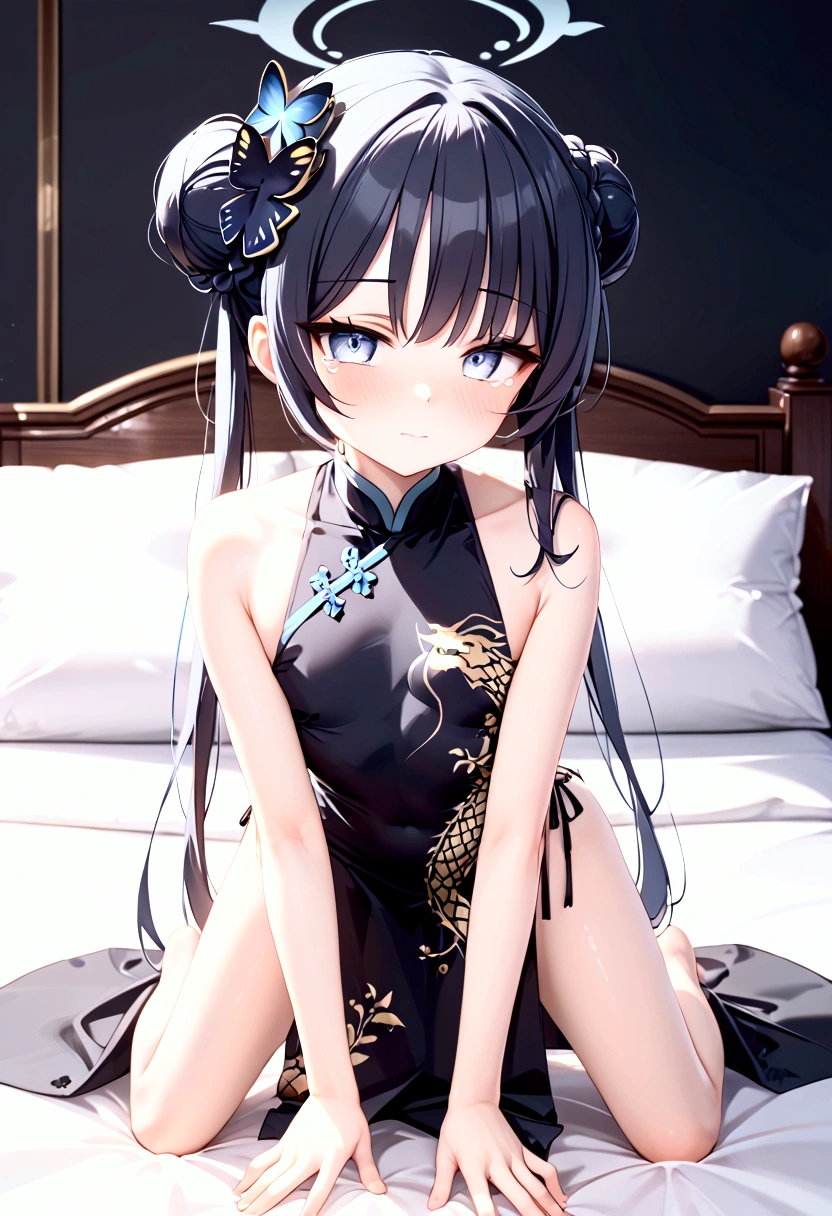 High image quality 、masterpiece、  High Quality   、Full HD、4K 、 depicting only one girl 、 looking at the camera、 on all fours、Looking Back、Kisaki(blue archive)、 long black hair  、Bun Hair、Blue hair ornament、  blue eyes、 slim、 flat chested、Grey Halo (Kisaki)、Teary-eyed、 Shy 、blush、 red cheeks 、 black Chinese dress style uniform、Gold embroidery、Long, slender legs、 no one、 big bed、 Love Hotel