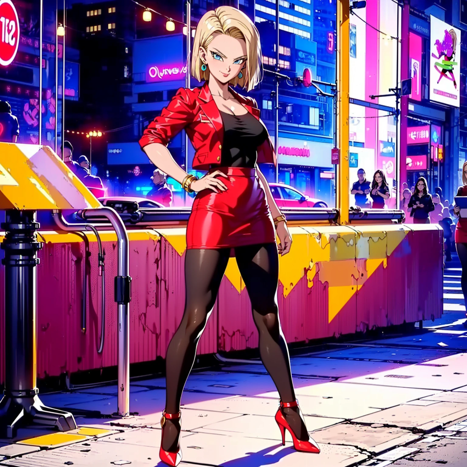 ((1girl, solo ,alone, (Android 18, 1girl, android 18, solo, blonde hair, short hair, blue eyes, earrings, jewelry), muscular female, gold bracelets, ruby earrings)), fitness, ((solo, (1woman, pink lipstick), Extremely detailed, ambient soft lighting, 4k, perfect eyes, a perfect face, perfect lighting, a 1girl)), ((fitness, , shapely body, athletic body, toned body)), ((red suit, red blazer, red skirt, pencil skirt, black pantyhose, black pantyhose, high heels, street, avenue, city, buildings, square, shop windows, red lipstick, smug))