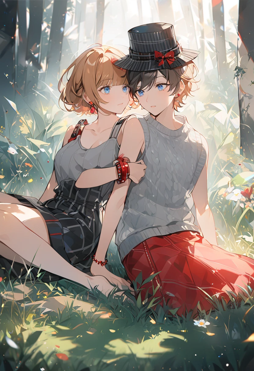 Ph-serena, honey short hair, bangs out, blue eyes, grey sleeveless sweater, gey black strip hat, red bow earrings, red bracelet, left arm, barefoot, on the grass while being in love with Ash Ketchum. 