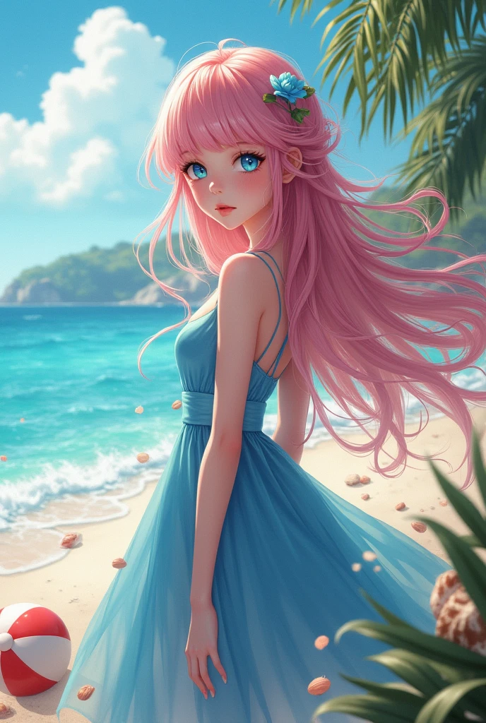 a girl, super long pink hair, fox ears, navy blue swimsuit, camel toe, turquoise blue eyes, with a golden bracelet, a pink jewel necklace, em uma praia, high resolution, super detaill, 8k, Overview