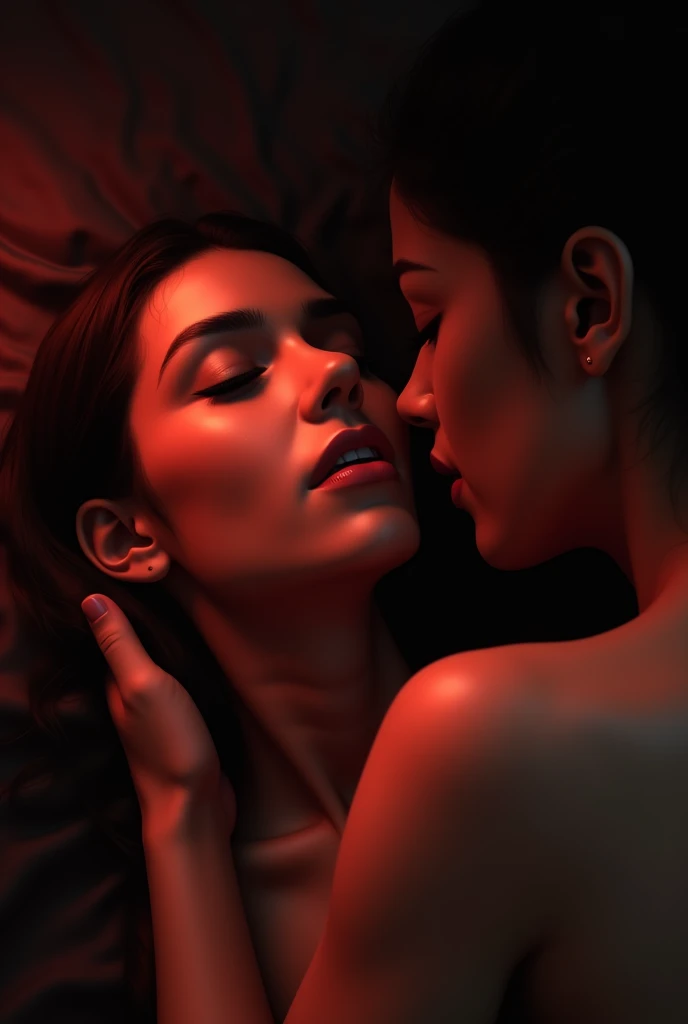 a woman wearing latex, lies and stretches her latex heels to the face of her girlfriend, who licks the latex heels
