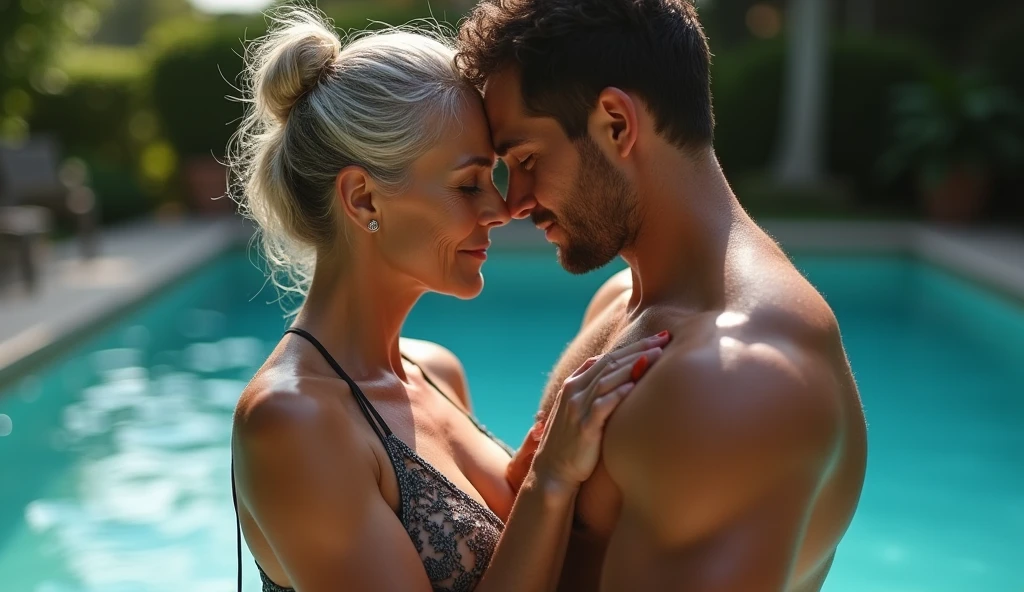 a beautiful woman with big breasts wearing glasses is having sex with an old man on the beach in a crowded area,