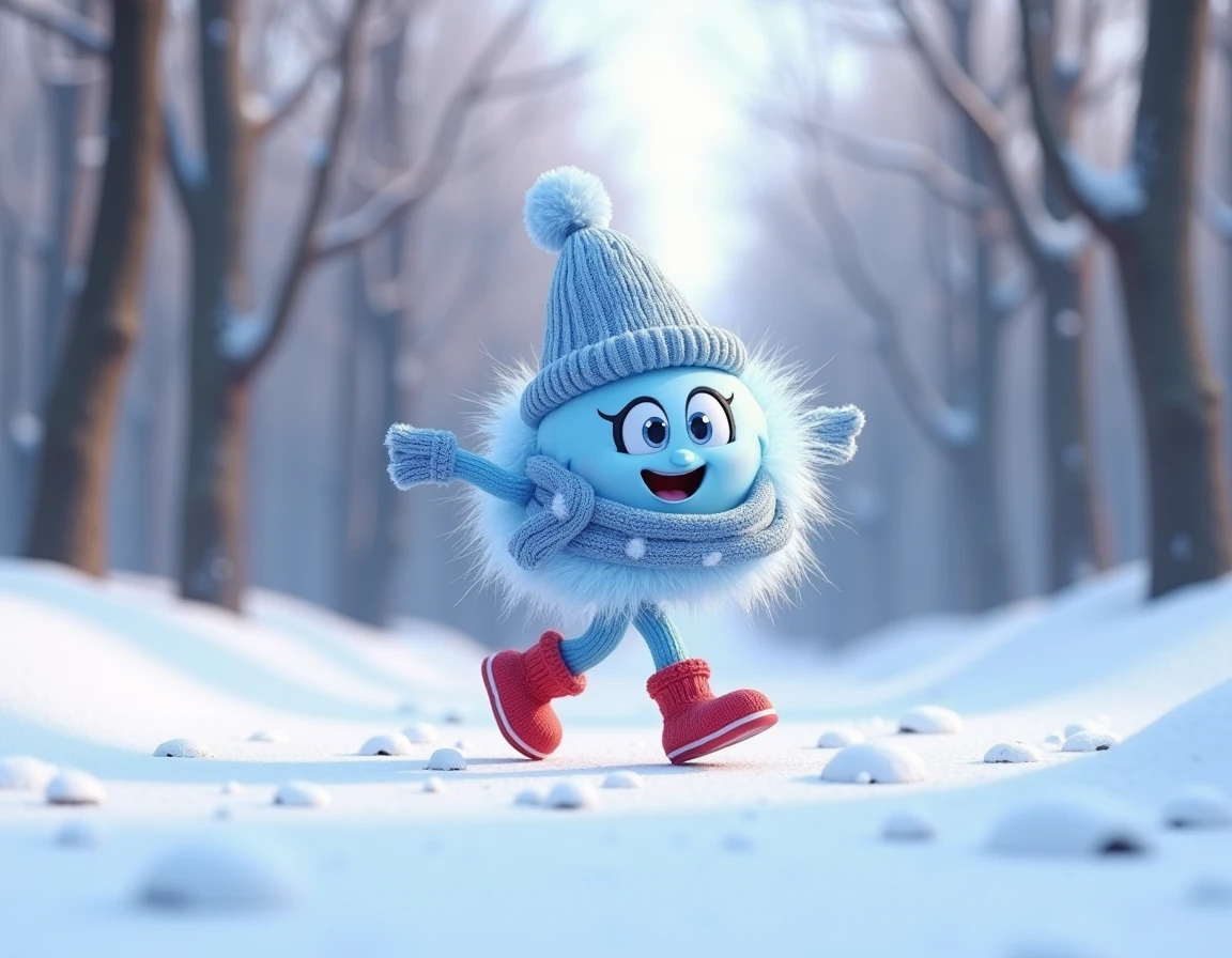 3D Pixar character, a real life animated snowflake with eyes and mouth, with legs and arms, walking through a winter snowy forest in red boots, a knitted hat and a knitted scarf with blue and white polka dots