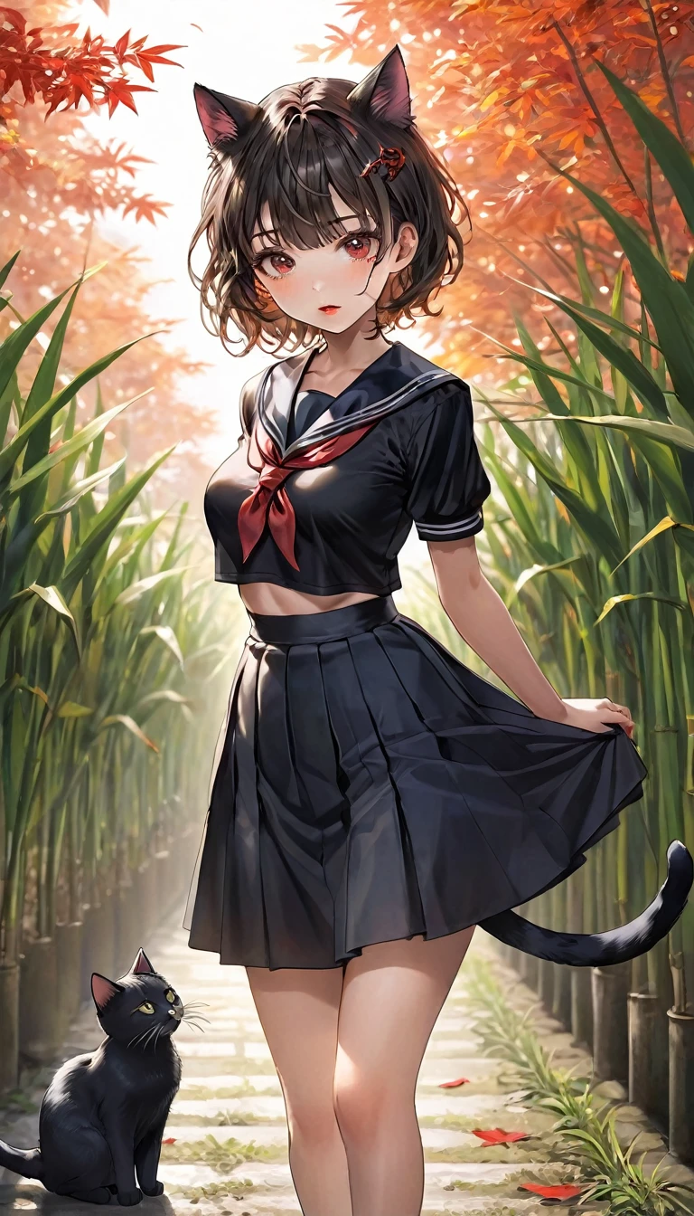 (masterpiece, ultra-detailed, best quality, clear focus, dramatic scene, cinematic), shadow, (ultra-high resolution, 8k), perfect anatomy, perfect face, (detailed face, detailed eye), cute Japanese girl, famous Japanese idol, very beautiful and cute and cool face, dynamic pose, dynamic angle, (wearing a black sailor uniform with very long black skirt:1.3), punk rock styled mature bad girl, short curly-haired, red lips, bad girl, (very large breasts), slim waist, standing at the footpath between rice fields, beautiful autumn leaves, (with mewing giant cat:1.3), (detailed cat:1.2)