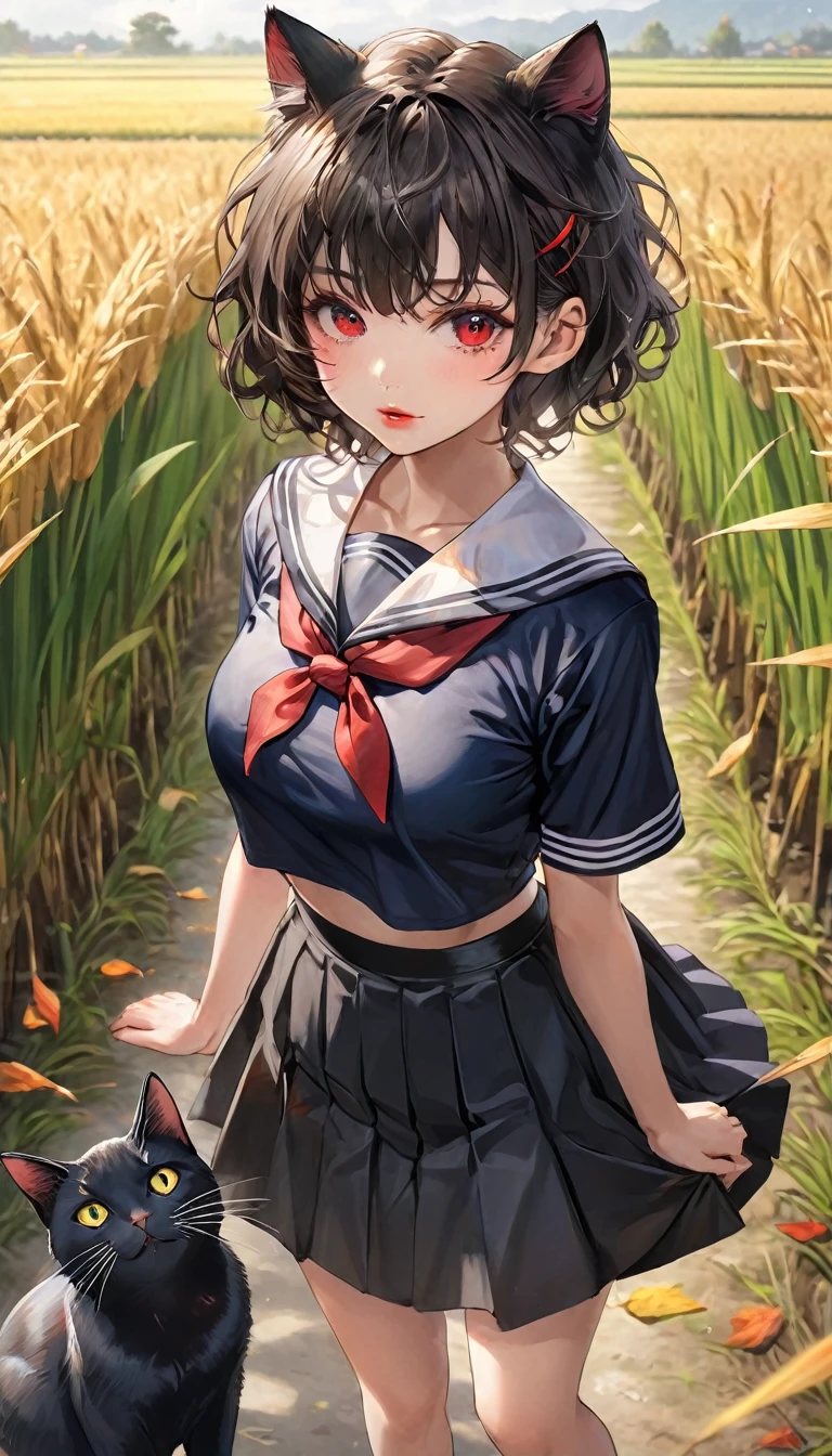 (masterpiece, ultra-detailed, best quality, clear focus, dramatic scene, cinematic), shadow, (ultra-high resolution, 8k), perfect anatomy, perfect face, (detailed face, detailed eye), cute Japanese girl, famous Japanese idol, very beautiful and cute and cool face, dynamic pose, dynamic angle, (wearing a black sailor uniform with very long black skirt:1.3), punk rock styled mature bad girl, short curly-haired, red lips, bad girl, (very large breasts), slim waist, standing at the footpath between rice fields, beautiful autumn leaves, (with mewing giant cat:1.3), (detailed cat:1.2)