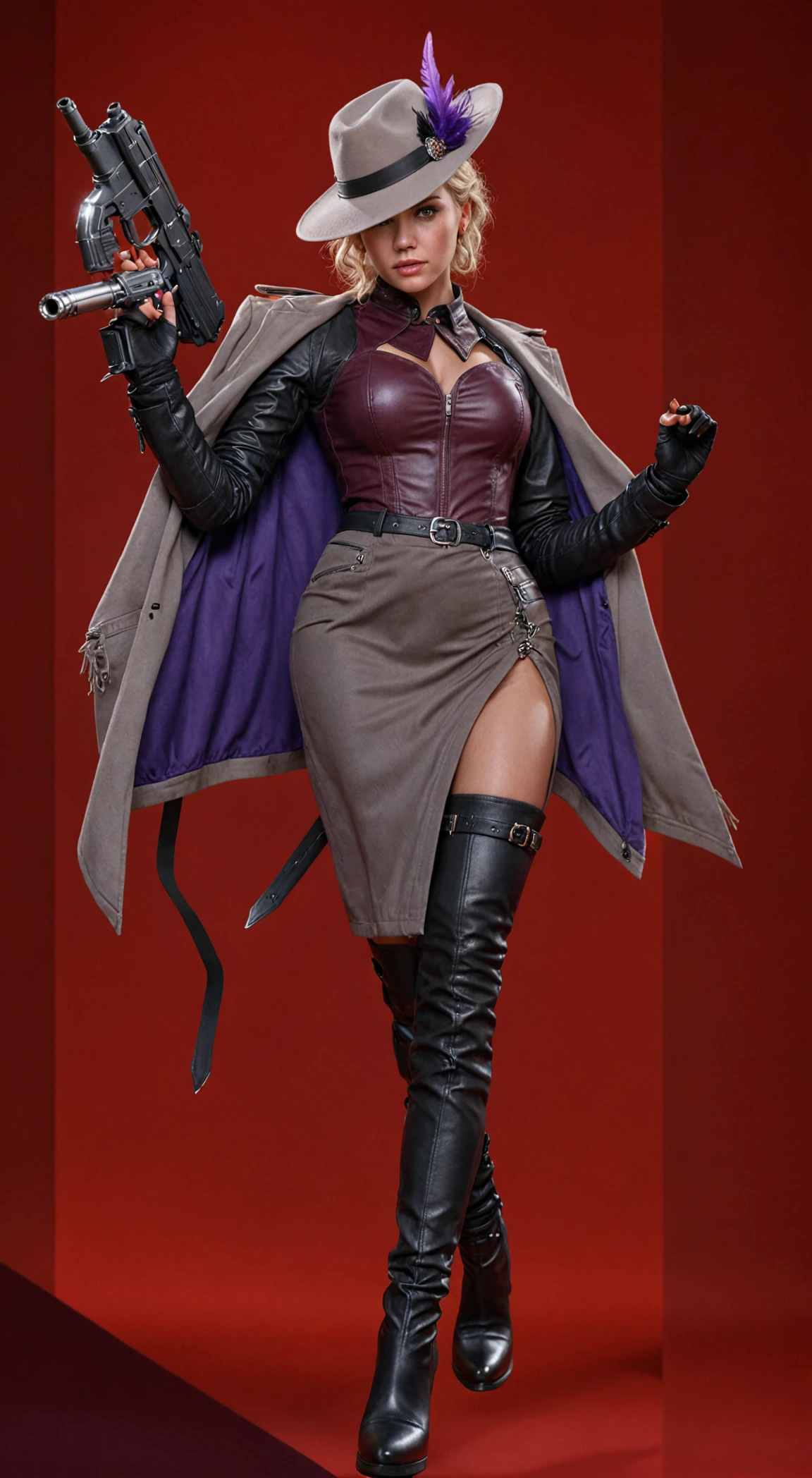 a woman in a red dress and brown boots is posing, lady in red armor, black witch full body pose, rendering of mirabel madrigal, full view of the black sorceress, mulher pyromancer steampunk do mal, resine figure, steampunk chandra queen of fire, pvc figurine, castlevania witch, full body female, ( highly detailed figure ), cranberry statue