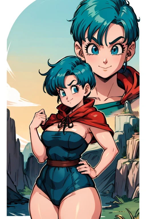 Bulma de dragon ball, blue hair,  short hair, straight hair, smiling at the viewer,  Big breasts ,  thick thighs ,  big ass, little red riding hood