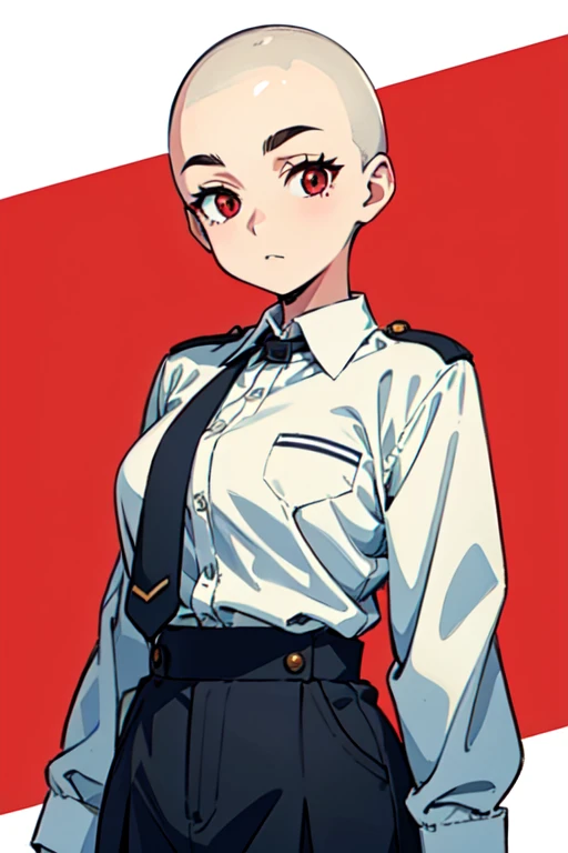 1girl, aizawa tomo, 18yo, ((buzzcut shaved head)), red hair, thick brows, red eyes, big brests, tall height, uniforme escolar, chaqueta verde, camisa blanca, corbata roja, tomboy