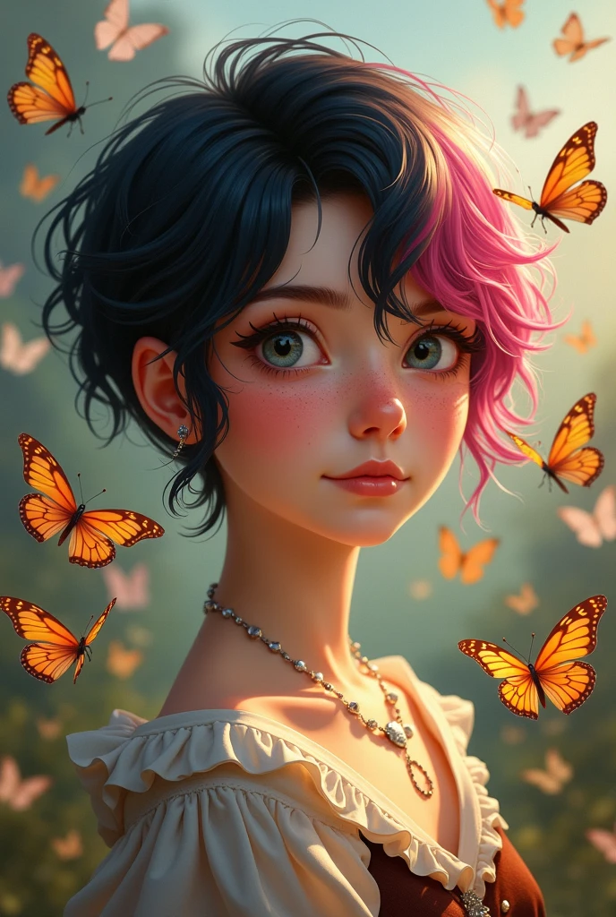 A scottish young woman with black and pink short hair and freckles with butterflies around her