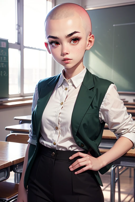 1girl, aizawa tomo, 18yo, ((buzzcut shaved head)), red hair, thick brows, red eyes, big brests, tall height, uniforme escolar, chaqueta verde, camisa blanca, corbata roja, tomboy, classroom