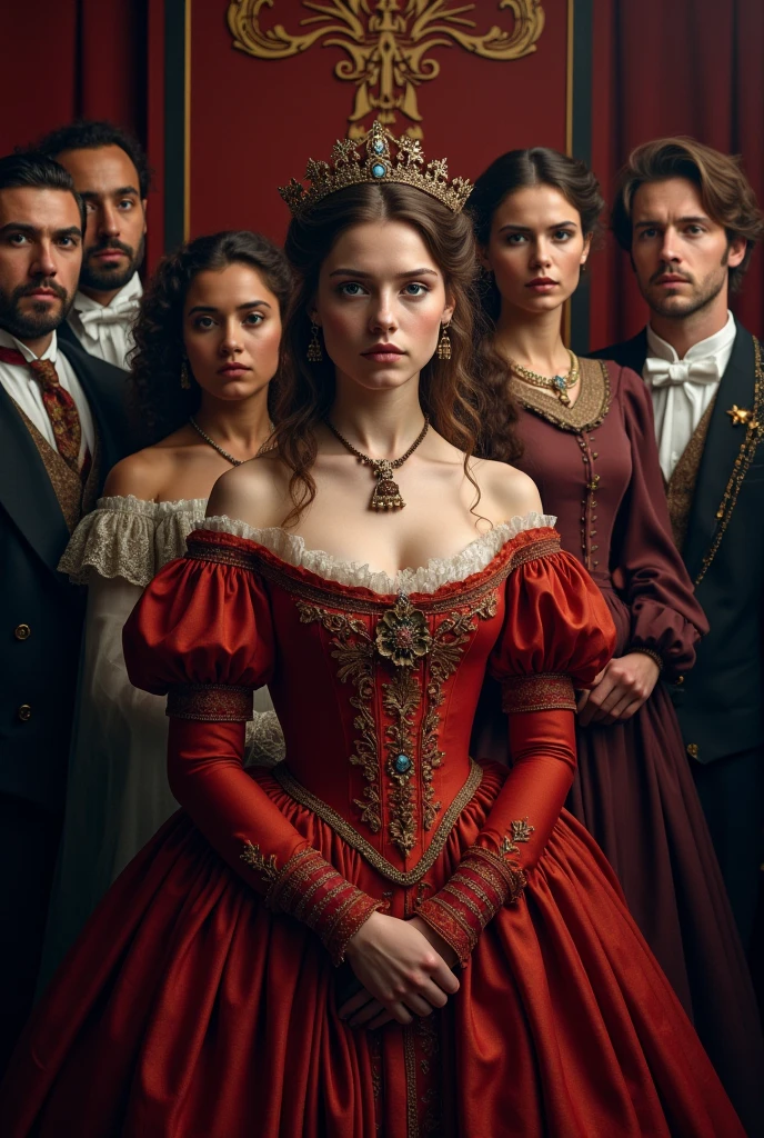 Princess Belle holding the decapitated head of the beast dripping blood with evil in her eyes and surrounded by possessed furniture