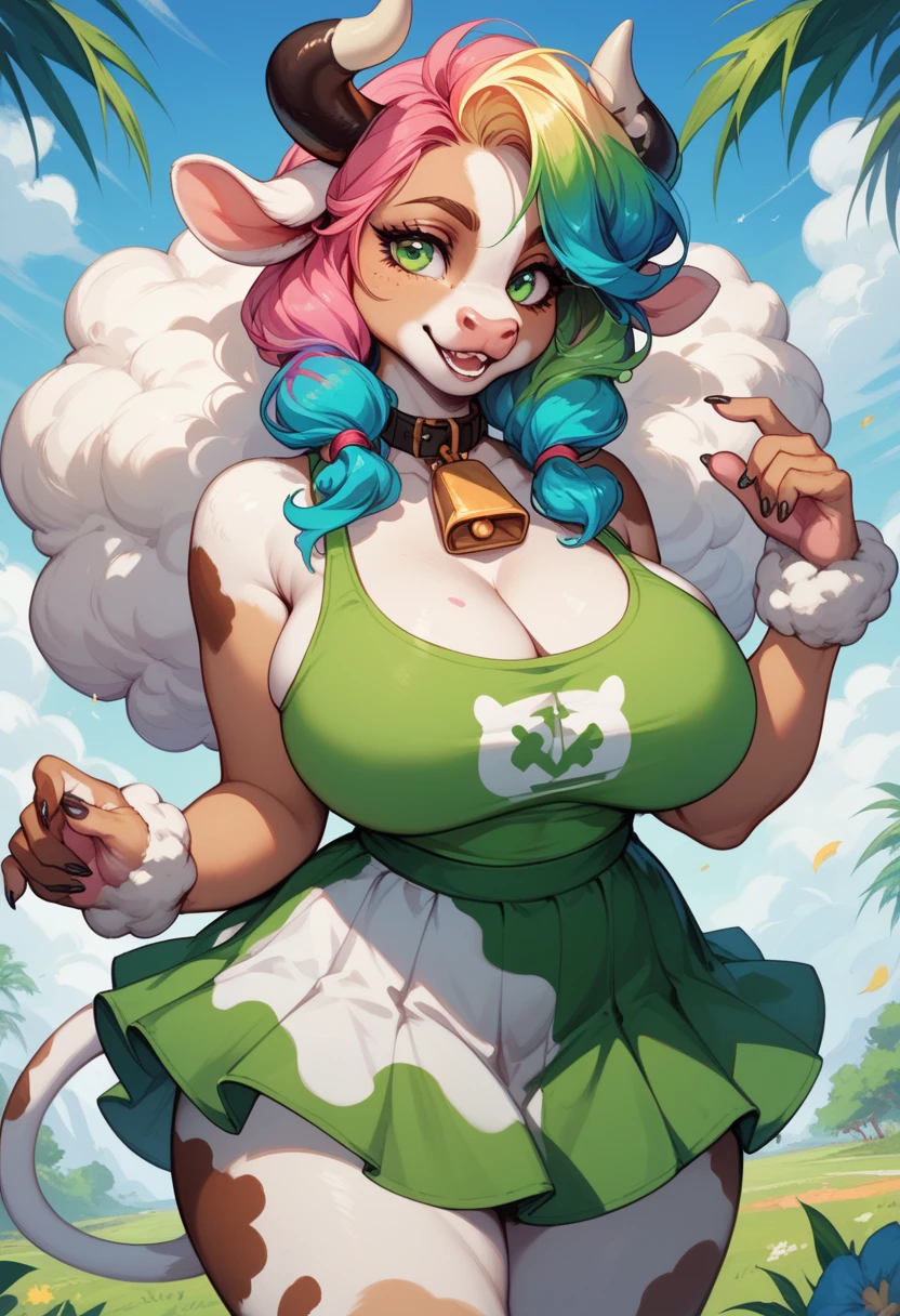 cartoonish funny cow, large breast, green hair