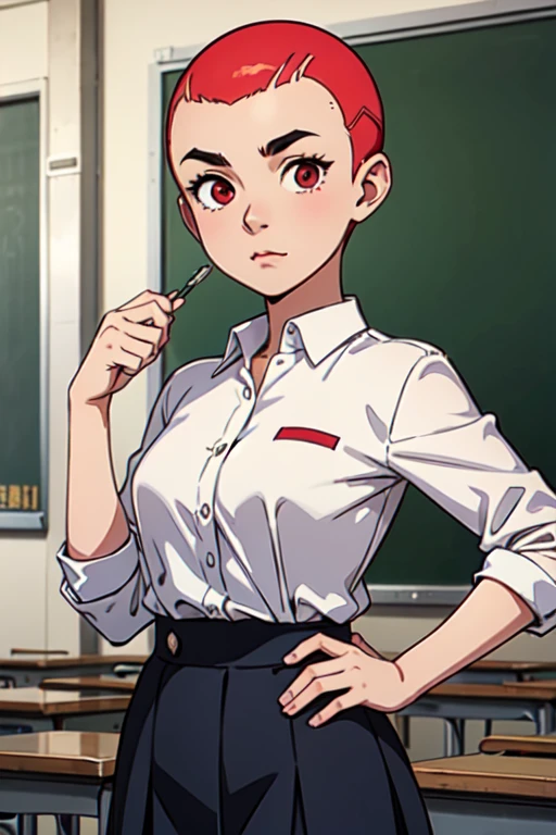 1girl, aizawa tomo, 18yo, ((buzzcut shaved head)), red hair, thick brows, red eyes, big brests, tall height, uniforme escolar, chaqueta verde, camisa blanca, corbata roja, tomboy, classroom