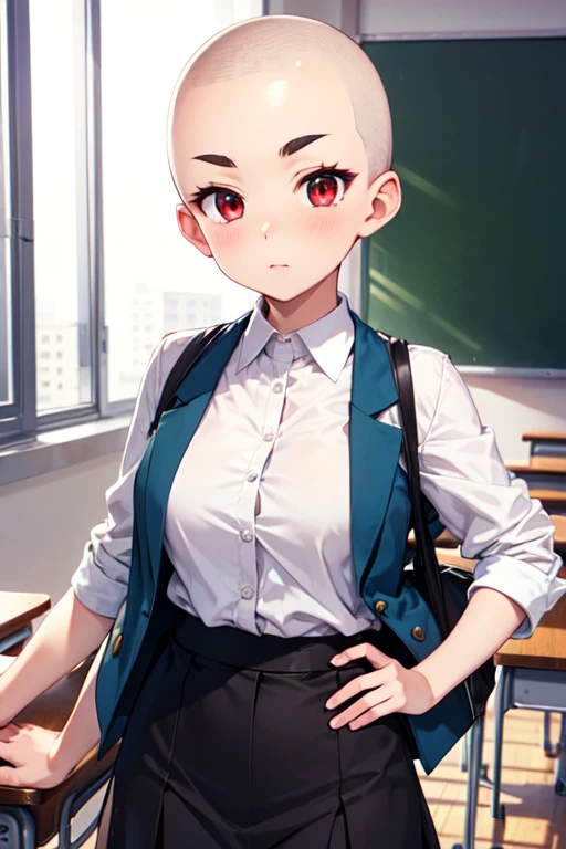 1girl, aizawa tomo, 18yo, ((buzzcut shaved head)), red hair, thick brows, red eyes, big brests, tall height, uniforme escolar, chaqueta verde, camisa blanca, corbata roja, tomboy, classroom