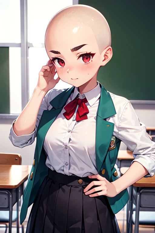 1girl, aizawa tomo, 18yo, ((buzzcut shaved head)), red hair, thick brows, red eyes, big brests, tall height, uniforme escolar, chaqueta verde, camisa blanca, corbata roja, tomboy, classroom, touching her head, embarrassed