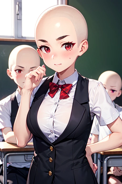 3 girl, aizawa tomo, 18yo, ((buzzcut shaved head)), red hair, thick brows, red eyes, big brests, tall height, uniforme escolar, chaqueta verde, camisa blanca, corbata roja, tomboy, classroom, touching her head, embarrassed, friends touch their heads