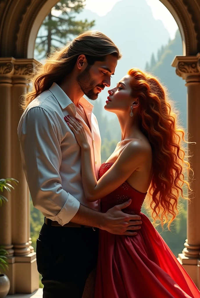 
 3d OCTANE RENDER UNREAL ENGINE 5 bright colorful glossy digital hyperealistic painting BOOK COVER, a bossy handsome long-haired man of 30 years old passionately holds a frightened curly red-haired beautiful girl, eye to eye , passion,  watches a girl in love ,  a white shirt ,  men's black pants ,  mirrored silk red dress for a girl ,  night palace , Forest and mountains . dress from old England  .textured , Bright, Radiant, glare,  detailed fingers , silk hair,  right proportions , Dynamic,  perfect anatomy , PERFECT SILK SHINY HAIRLong hair ,  Very long hair , shiny hair, Princess Curls,  loose hair, 