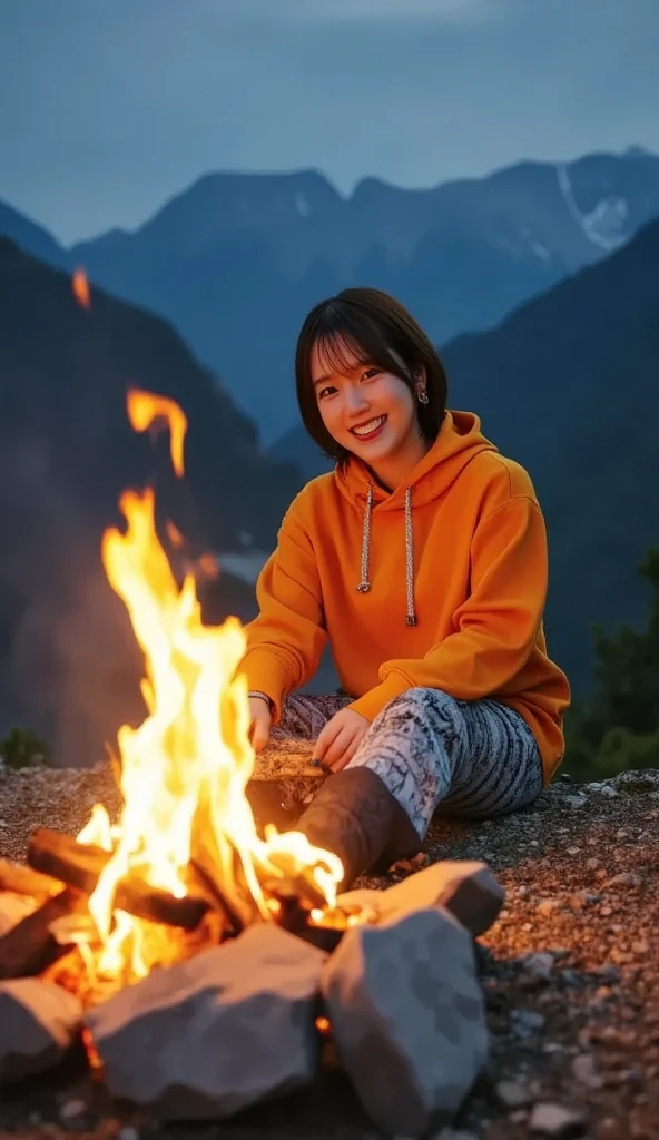 (top-quality,In 8K,​masterpiece:1.3,),( ultra high resolution, photorealistic:1.4,  Uncut Pictures  ),(Ultra-detailed, shiny skin, delicate skin),( detailed face ,perfect anatomy,caustics),(*********** Have a bonfire in the mountains ),Sit behind the bonfire,Cute,18 years old,Japanese,Japaneseイドー,smile, looking at the camera,Black-haired, short ponytail, Big Breasts ,( hooded hoodie ), long pants ,Trekking boots,Late at night, starry sky , low angle ,