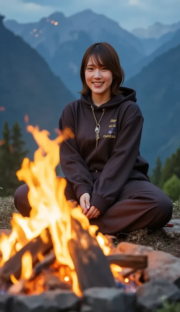 (top-quality,In 8K,​masterpiece:1.3,),( ultra high resolution, photorealistic:1.4,  Uncut Pictures  ),(Ultra-detailed, shiny skin, delicate skin),( detailed face ,perfect anatomy,caustics),(*********** Have a bonfire in the mountains ),Sit behind the bonfire,Cute,18 years old,Japanese,Japaneseイドー,smile, looking at the camera,Black-haired, short ponytail, Big Breasts ,( hooded hoodie ), long pants ,Trekking boots,Late at night, starry sky , low angle ,