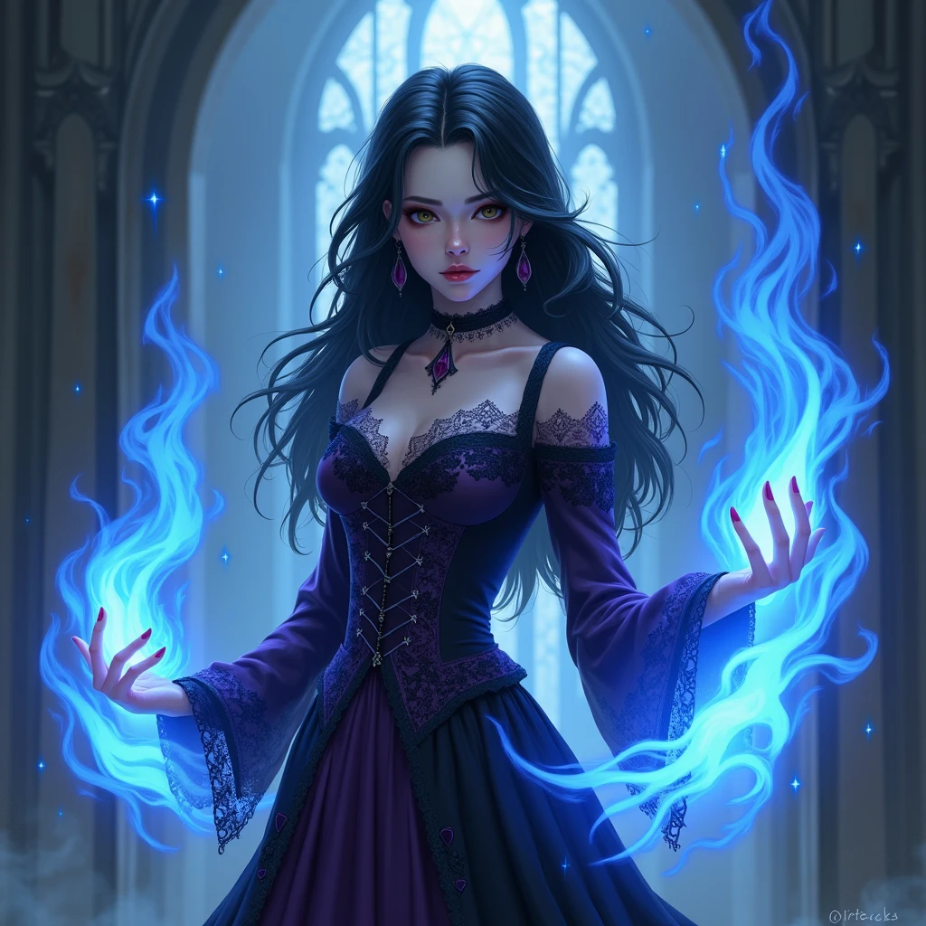 Beautiful female magician approximately 40 years old, Linda, seamless, delicate skin, with purple eyes, black long hair with arcane energy around her body, Wearing a beautiful tight black dress, corcet, made of arcane energy, hyper detailled, artistry