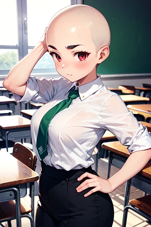 1 girl, aizawa tomo, 18yo, ((buzzcut shaved head)), red hair, thick brows, red eyes, big brests, tall height, uniforme escolar, traje verde, camisa blanca, corbata roja, tomboy, classroom, touching her head, embarrassed, friends touch their heads