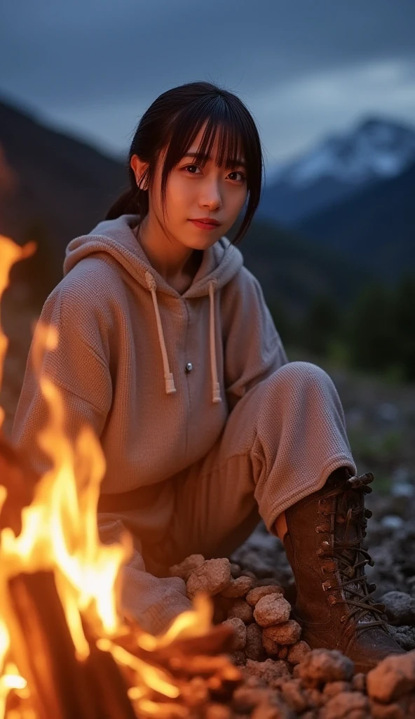 (top-quality,In 8K,​masterpiece:1.3,),( ultra high resolution, photorealistic:1.4,  Uncut Pictures  ),(Ultra-detailed, shiny skin, delicate skin),( detailed face ,perfect anatomy,caustics),(*********** Have a bonfire in the mountains ),Sit behind the bonfire,Cute,18 years old,Japanese,Japaneseイドー,smile, looking at the camera,Black-haired, short ponytail, Big Breasts ,( hooded hoodie ), long pants ,Trekking boots,Late at night, starry sky , low angle ,