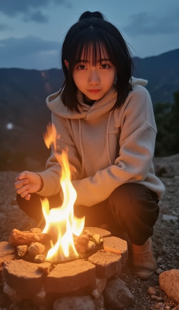 (top-quality,In 8K,​masterpiece:1.3,),( ultra high resolution, photorealistic:1.4,  Uncut Pictures  ),(Ultra-detailed, shiny skin, delicate skin),( detailed face ,perfect anatomy,caustics),(*********** Have a bonfire in the mountains ),Sit behind the bonfire,Cute,18 years old,Japanese,Japaneseイドー,smile, looking at the camera,Black-haired, short ponytail, Big Breasts ,( hooded hoodie ), long pants ,Trekking boots,Late at night, starry sky , low angle ,