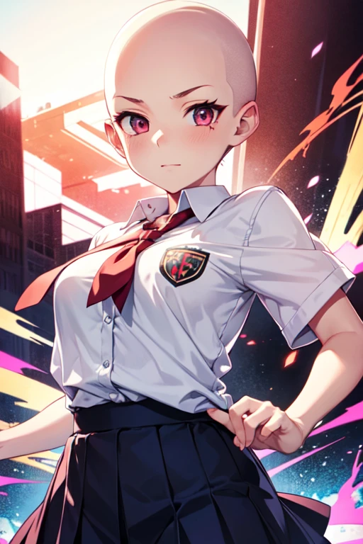 anime style, tall athletic anime girl, shaved head, red hair remnants, tomboy personality, wearing a school uniform, vibrant colors, expressive face, detailed background, dynamic lighting, modern anime aesthetic